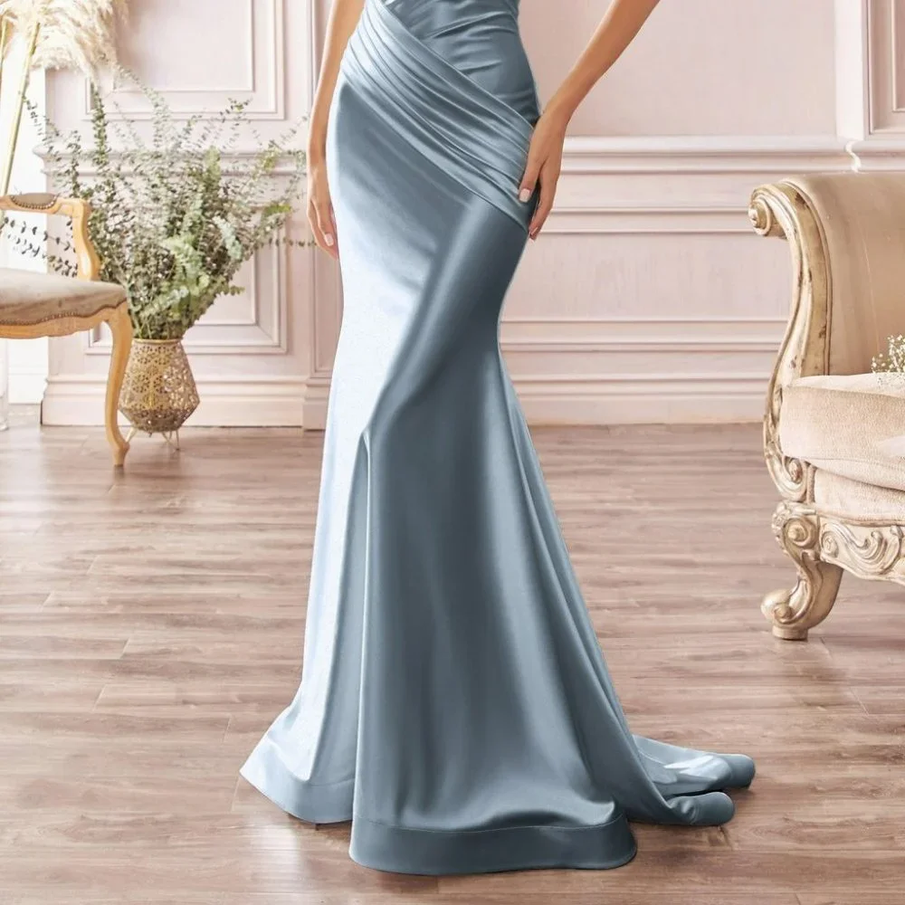 DUSTY BLUE  Fitted stretch gathered waistband SHEATH SATIN PARTY DRESS Cd236_2
